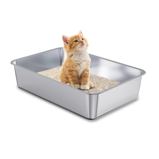 Stainless steel cat litter box with high sides"